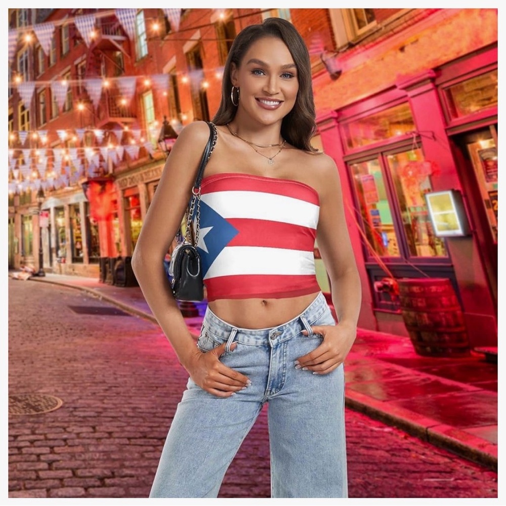 🩷. Strapless Flag-Print Tube Top in Red, White & Blue